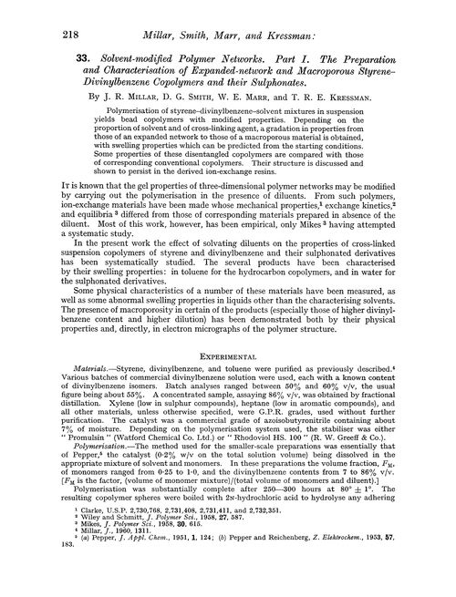 33. Solvent-modified polymer networks. Part I. The preparation and characterisation of expanded-network and macroporous styrene–divinylbenzene copolymers and their sulphonates