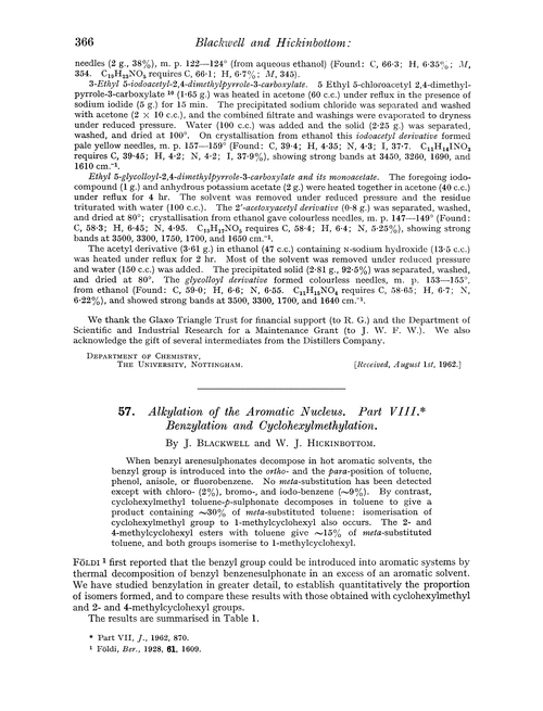 57. Alkylation of the aromatic nucleus. Part VIII. Benzylation and cyclohexylmethylation