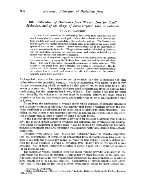 60. Estimation of deviations from Stokes's law for small molecules, and of the shape of some organic ions in solution