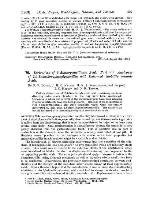 76. Derivatives of 6-aminopenicillanic acid. Part V. Analogues of 2,6-dimethoxyphenylpenicillin with enhanced stability towards acids