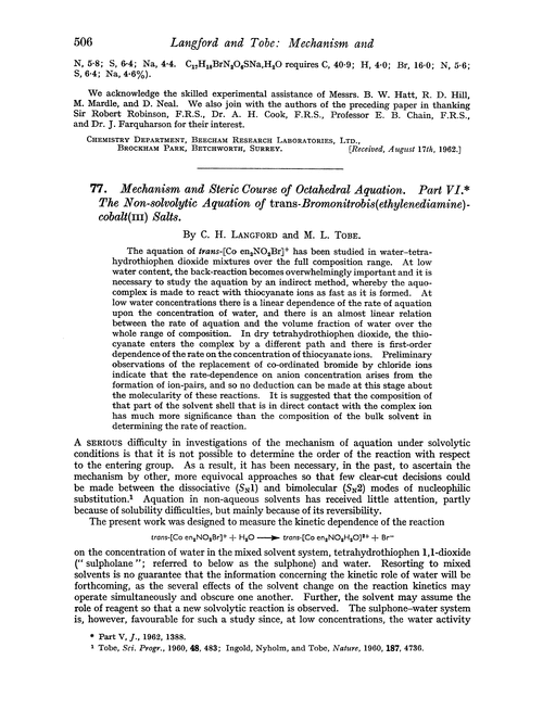 77. Mechanism and steric course of octahedral aquation. Part VI. The non-solvolytic aquation of trans-bromonitrobis(ethylenediamine)-cobalt(III) salts