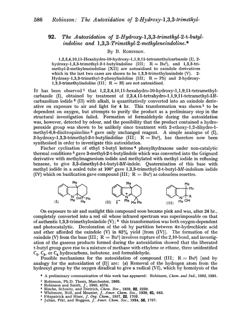 92. The autoxidation of 2-hydroxy-1,3,3-trimethyl-2-t-butylindoline and 1,3,3-trimethyl-2-methyleneindoline