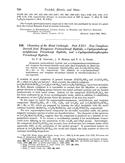 116. Chemistry of the metal carbonyls. Part XXI. New complexes derived from manganese pentacarbonyl hydride, π-cyclopentadienyl-molybdenum tricarbonyl hydride, and π-cyclopentadienyltungsten tricarbonyl hydride