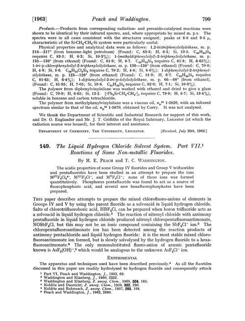 149. The liquid hydrogen chloride solvent system. Part VII. Reactions of some non-metallic fluorides