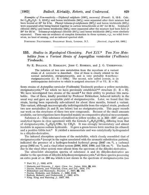 155. Studies in mycological chemistry. Part XII. Two new metabolites from a variant strain of Aspergillus versicolor(Vuillemin) Tiraboschi