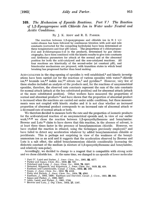 169. The mechanism of epoxide reactions. Part V. The reaction of 1,2-epoxypropane with chloride ion in water under neutral and acidic conditions