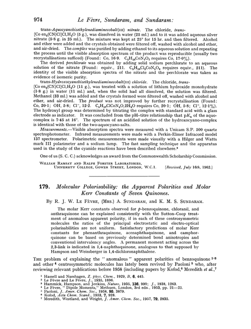 179. Molecular polarisability: the apparent polarities and molar Kerr constants of seven quinones