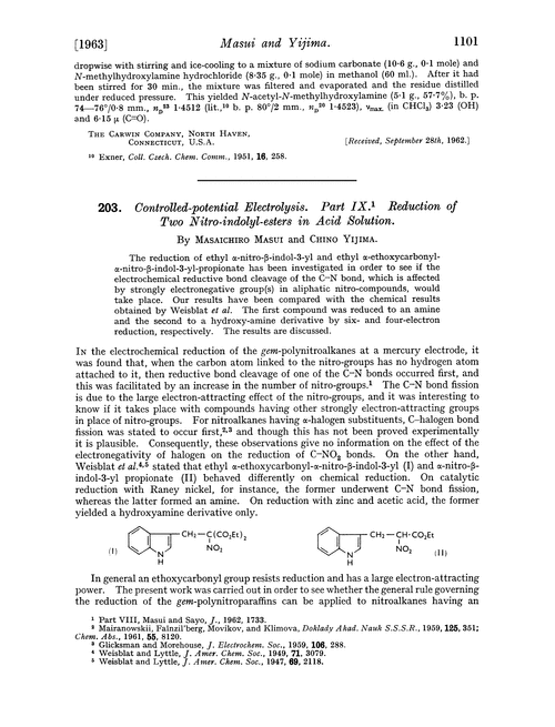 203. Controlled-potential electrolysis. Part IX. Reduction of two nitro-indolyl-esters in acid solution