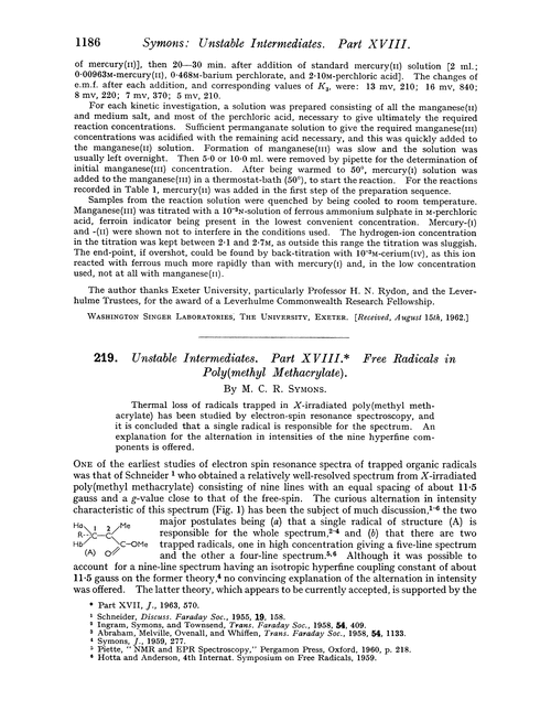 219. Unstable intermediates. Part XVIII. Free radicals in poly(methyl methacrylate)