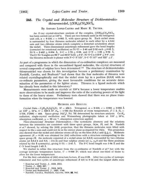 245. The crystal and molecular structure of dichlorotetrakisthioureanickel, [(NH2)2CS]4NiCl2