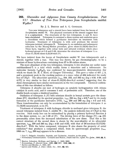 266. Glucosides and aglycones from canary scrophulariaceae. Part VI. Structure of two new triterpenes from Scrophularia smithii Wydler