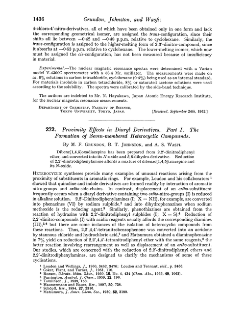 272. Proximity effects in diaryl derivatives. Part I. The formation of seven-membered heterocyclic compounds