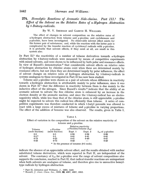 274. Homolytic reactions of aromatic side-chains. Part III. The effect of the solvent on the relative rates of α-hydrogen abstraction by t-butoxy-radicals