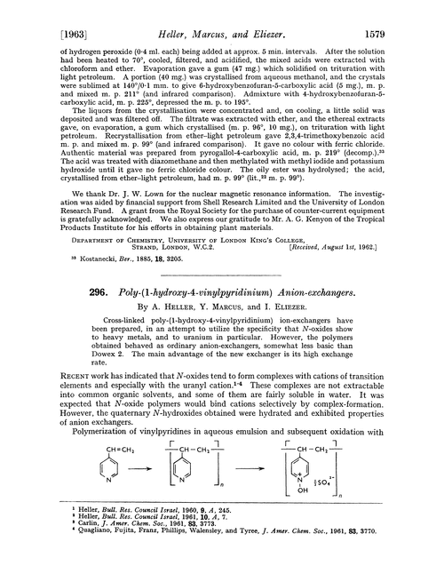 296. Poly-(1-hydroxy-4-vinylpyridinium) anion-exchangers