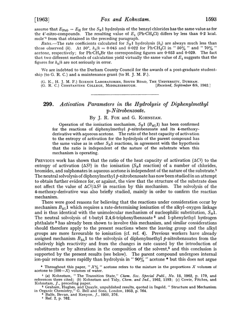 299. Activation parameters in the hydrolysis of diphenylmethyl p-nitrobenzoate