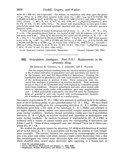 302. Griseofulvin analogues. Part VII. Replacements in the aromatic ring