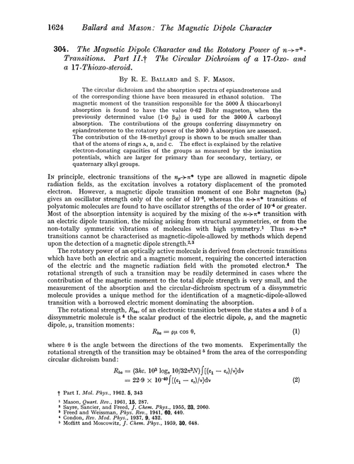 304. The magnetic dipole character and the rotatory power of n→π*-transitions. Part II. The circular dichroism of a 17-oxo- and a 17-thioxo-steroid