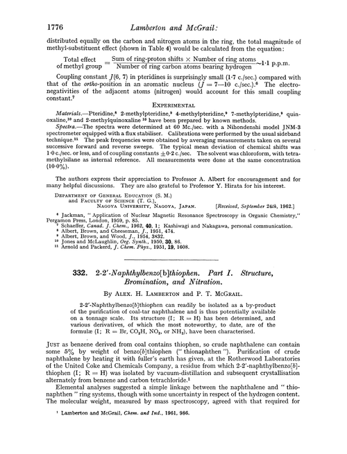 332. 2-2′-Naphthylbenzo[b]thiophen. Part I. Structure, bromination, and nitration