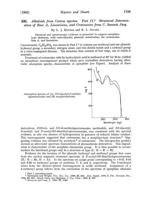335. Alkaloids from Croton species. Part II. Structural determination of base A, linearisine, and crotonosine from C. linearis jacq.