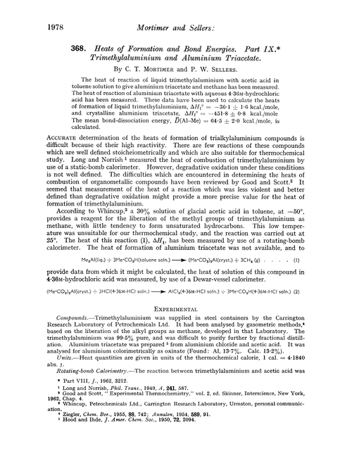 368. Heats of formation and bond energies. Part IX. Trimethylaluminium and aluminium triacetate