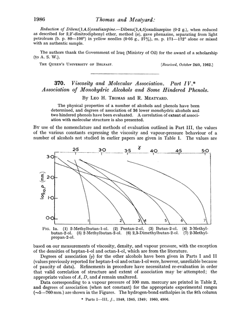 370. Viscosity and molecular association. Part IV. Association of monohydric alcohols and some hindered phenols