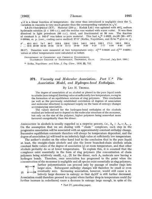 371. Viscosity and molecular association. Part V. The association model, and hydrogen-bond enthalpies
