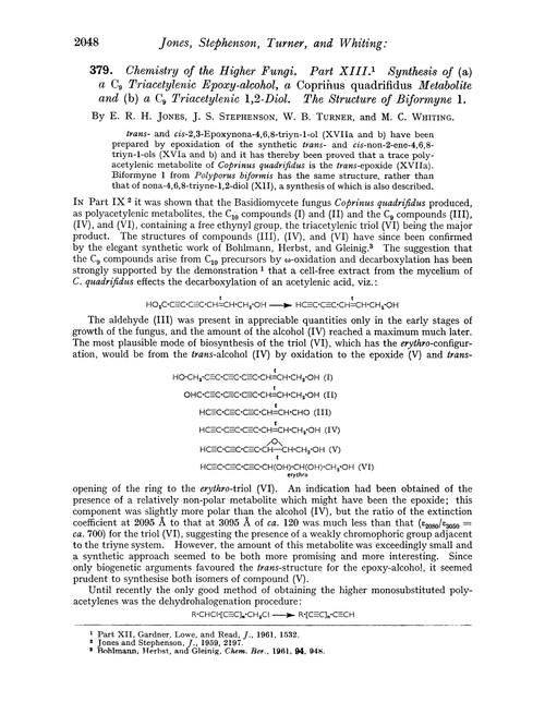 379. Chemistry of the higher fungi. Part XIII. Synthesis of (a) a C9 triacetylenic epoxy-alcohol, a Coprinus quadrifidus metabolite and (b) a C9 triacetylenic 1,2-diol. The structure of biformyne 1