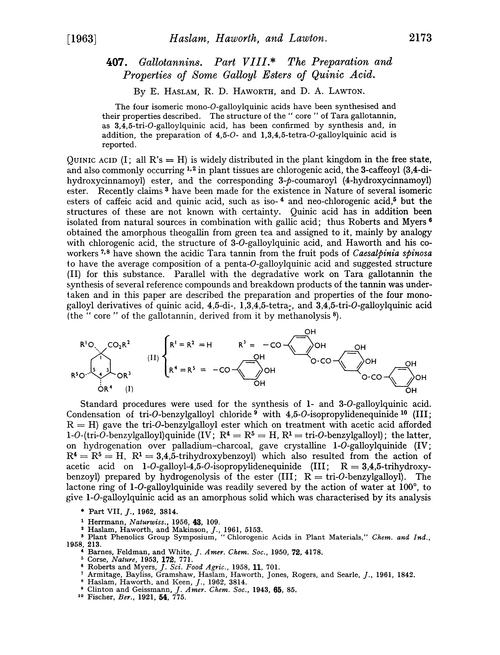 407. Gallotannins. Part VIII. The preparation and properties of some galloyl esters of quinic acid