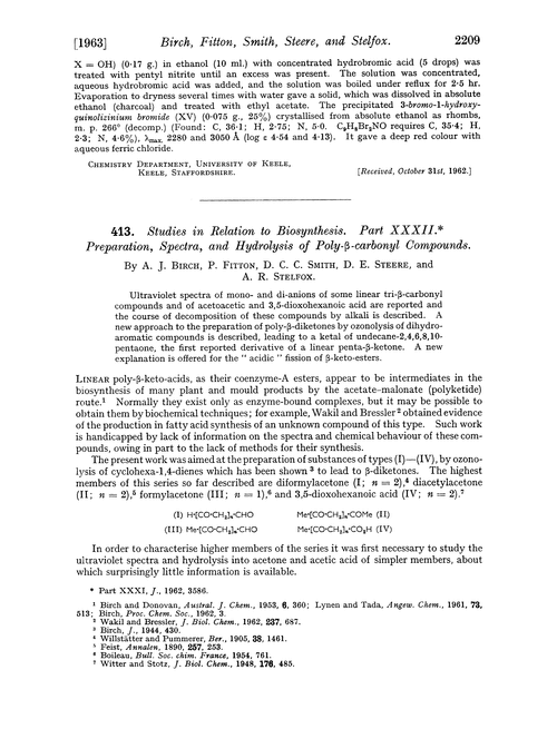 413. Studies in relation to biosynthesis. Part XXXII. Preparation, spectra, and hydrolysis of poly-β-carbonyl compounds