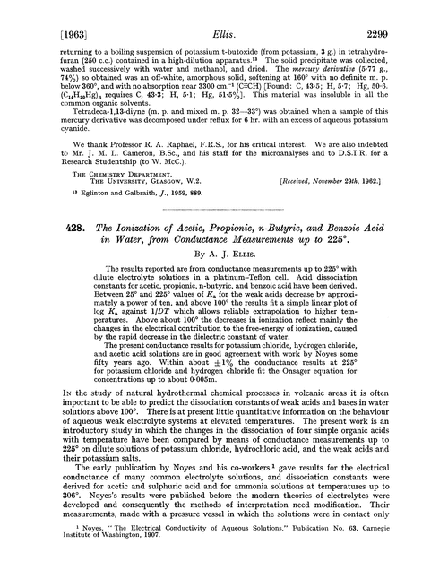 428. The ionization of acetic, propionic, n-butyric, and benzoic acid in water, from conductance measurements up to 225°