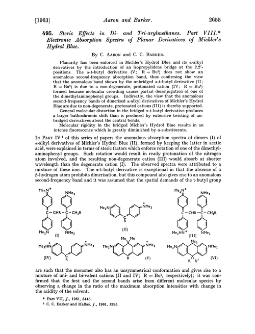 495. Steric effects in di- and tri-arylmethanes. Part VIII. Electronic absorption spectra of planar derivatives of Michler's Hydrol Blue