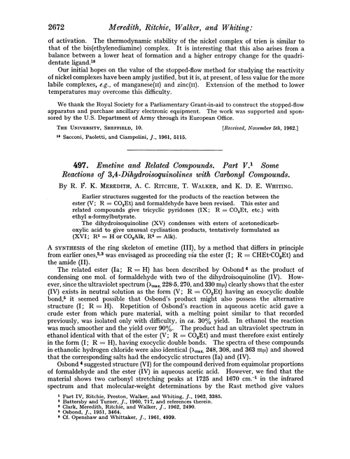 497. Emetine and related compounds. Part V. Some reactions of 3,4-dihydroisoquinolines with carbonyl compounds