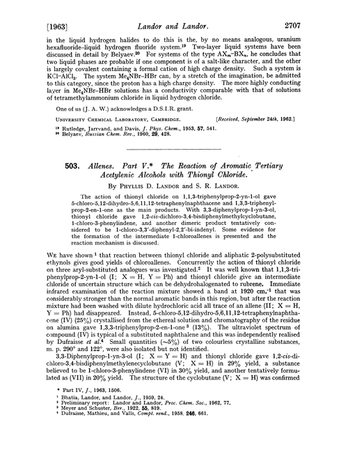 503. Allenes. Part V. The reaction of aromatic tertiary acetylenic alcohols with thionyl chloride