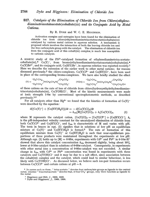 517. Catalysis of the elimination of chloride ion from chloro(ethylenediaminetriacetatoacetate)cobaltate(III) and its conjugate acid by metal cations