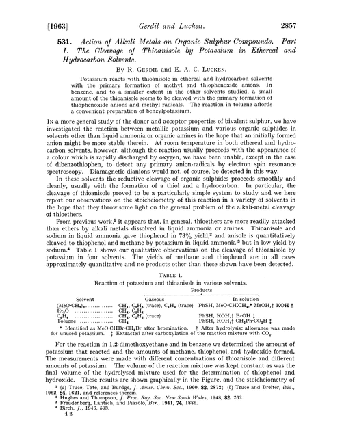 531. Action of alkali metals on organic sulphur compounds. Part I. The cleavage of thioanisole by potassium in ethereal and hydrocarbon solvents