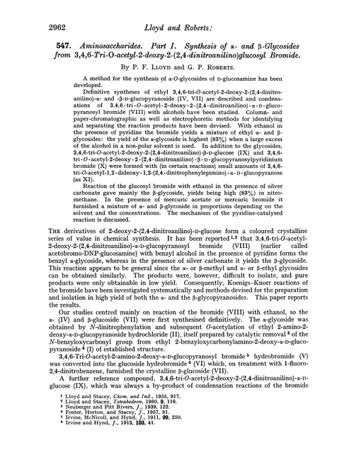 547. Aminosaccharides. Part I. Synthesis of α- and β-glycosides from 3,4,6-tri-O-acetyl-2-deoxy-2-(2,4-dinitroanilino)glucosyl bromide