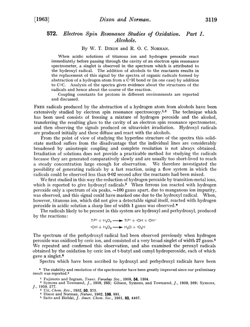 572. Electron spin resonance studies of oxidation. Part I. Alcohols