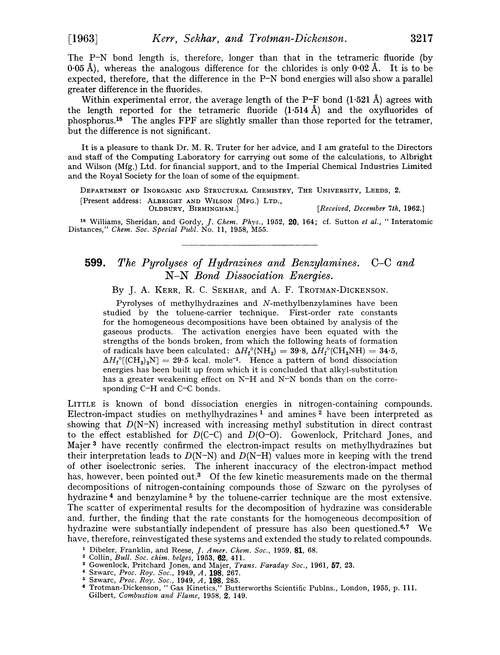 599. The pyrolyses of hydrazines and benzylamines. C–C and N–N bond dissociation energies