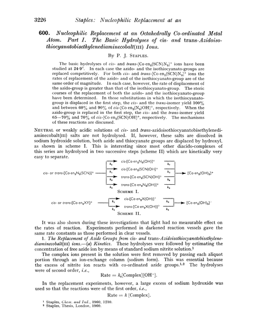 600. Nucleophilic replacement at an octahedrally co-ordinated metal atom. Part I. The basic hydrolyses of cis- and trans-azidoisothiocyanatobisethylenediaminecobalt(III) ions