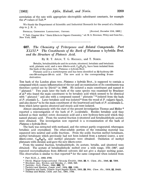 607. The chemistry of triterpenes and related compounds. Part XLIII. The constituents of the bark of Platanus x hybrida Brot. and the structure of platanic acid