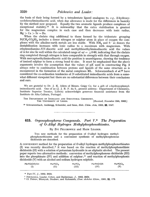 615. Organophosphorus compounds. Part V. The preparation of O-alkyl hydrogen methylphosphonothioates