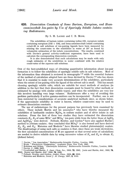 620. Dissociation constants of some barium, europium, and hexaamminecobalt ion-pairs by use of sparingly soluble iodates containing radiotracers