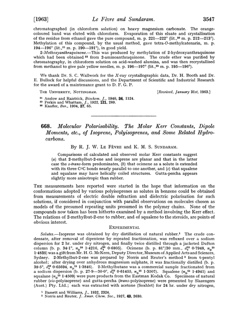 668. Molecular polarisability. The molar Kerr constants, dipole moments, etc., of isoprene, polyisoprenes, and some related hydrocarbons