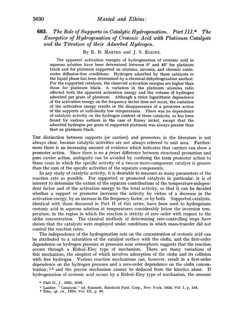 683. The role of supports in catalytic hydrogenation. Part III. The energetics of hydrogenation of crotonic acid with platinum catalysts and the titration of their adsorbed hydrogen