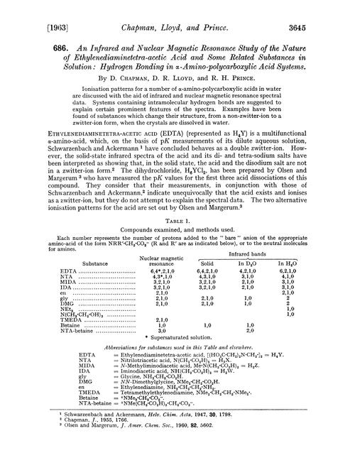 686. An infrared and nuclear magnetic resonance study of the nature of ethylenediaminetetra-acetic acid and some related substances in solution: hydrogen bonding in α-amino-polycarboxylic acid systems