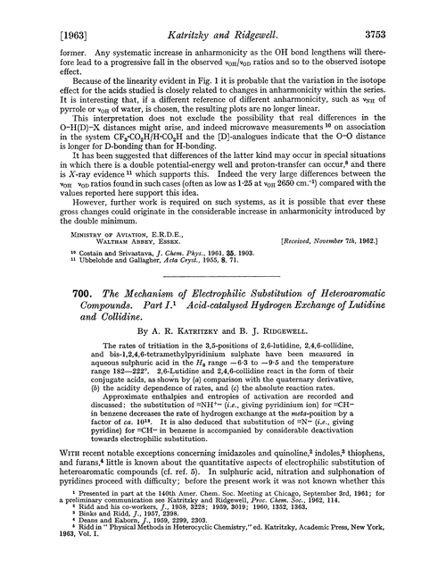 700. The mechanism of electrophilic substitution of heteroaromatic compounds. Part I. Acid-catalysed hydrogen exchange of lutidine and collidine