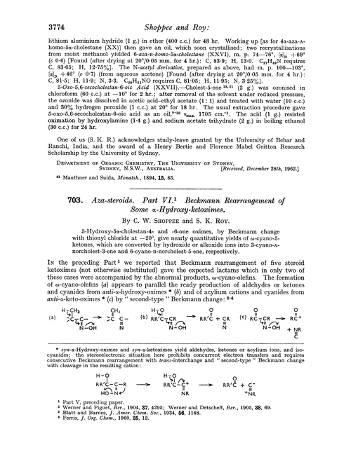 703. Aza-steroids. Part VI. Beckmann rearrangement of some α-hydroxy-ketoximes