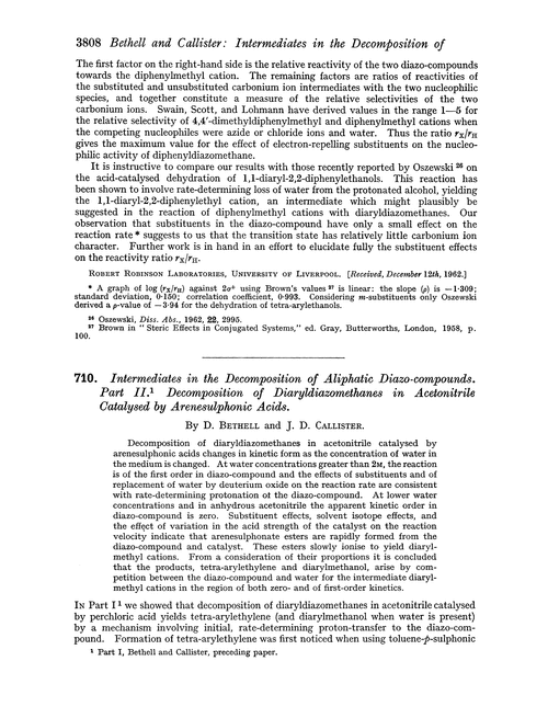 710. Intermediates in the decomposition of aliphatic diazo-compounds. Part II. Decomposition of diaryldiazomethanes in acetonitrile catalysed by arenesulphonic acids