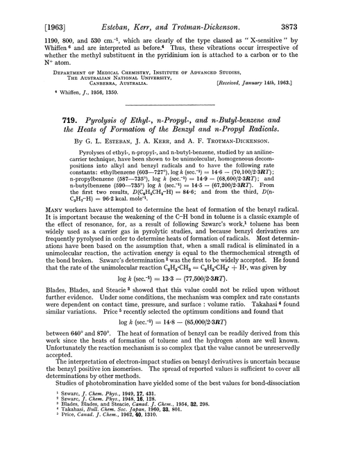 719. Pyrolysis of ethyl-, n-propyl-, and n-butyl-benzene and the heats of formation of the benzyl and n-propyl radicals