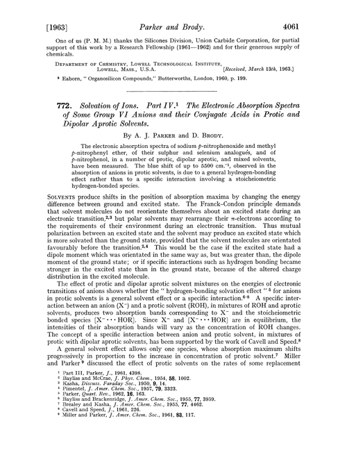 772. Solvation of ions. Part IV. The electronic absorption spectra of some Group VI anions and their conjugate acids in protic and dipolar aprotic solvents